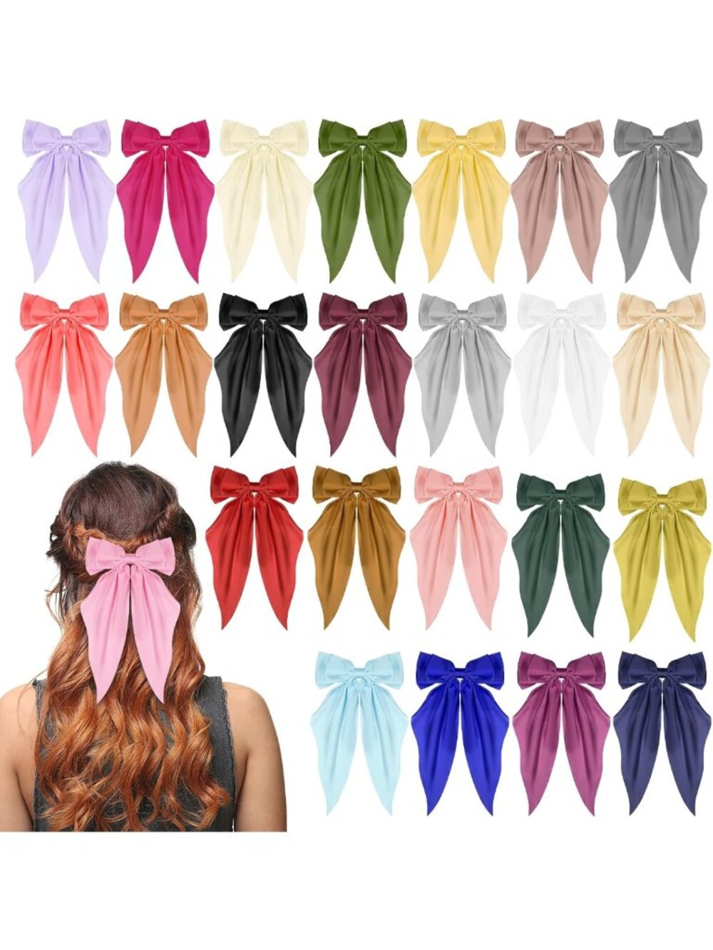 24 Pack Oversized Satin Hair Bows - Multi Color Silky Big Bow Clips & Ribbons
